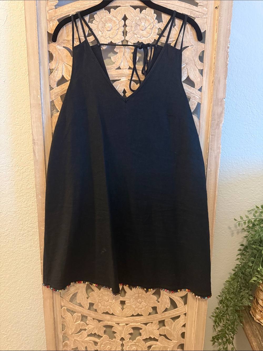 BCBGeneration Black Strappy Mini Dress Multicolor Pom Pom Hem Size S
